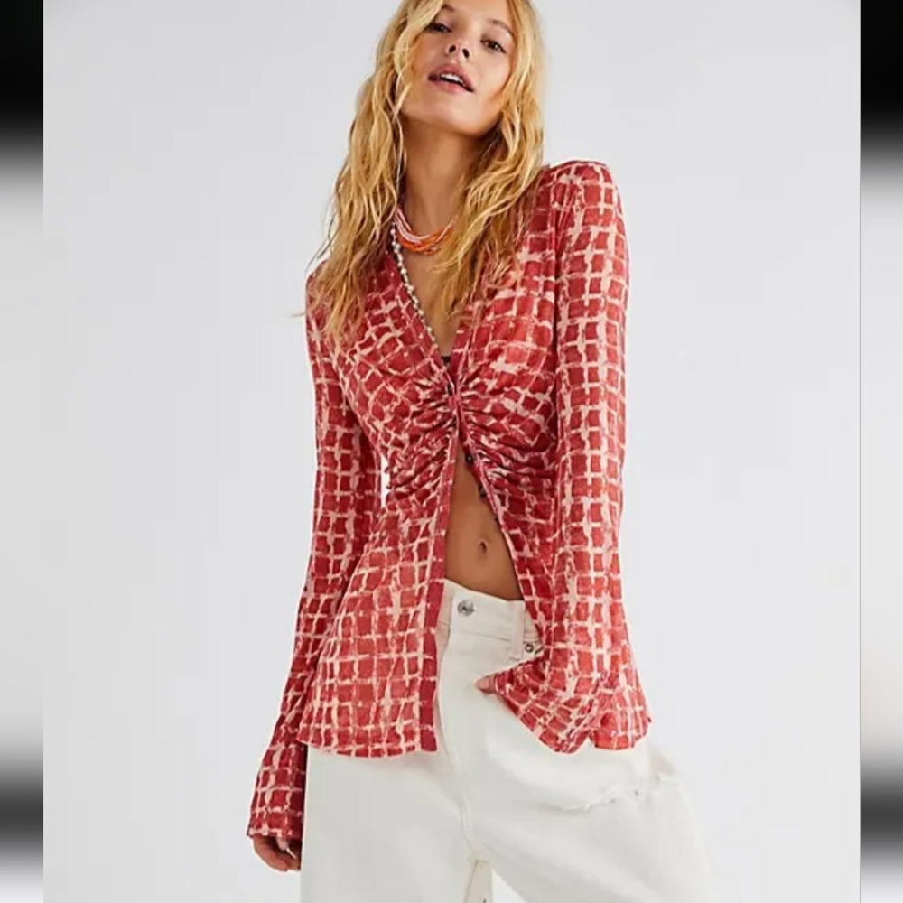 Red and White Button-Up Top